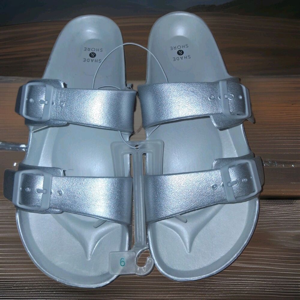 NWT Shade & Shore Women’s Neida EVA Two Band Slide Sandals Silver Size 9